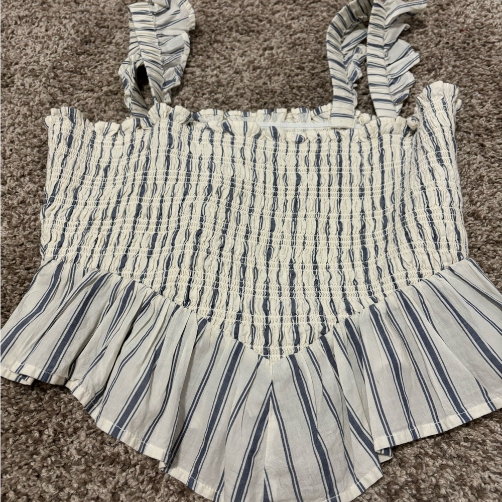 American Eagle Outfitters Blue and White Smocked Asymmetrical Tank Top